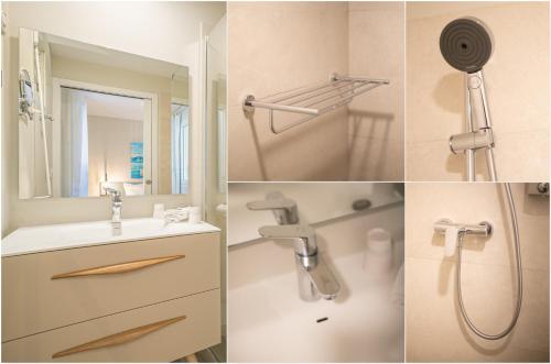 four pictures of a bathroom with a shower and a sink at Kaouanne in Les Trois-Îlets
