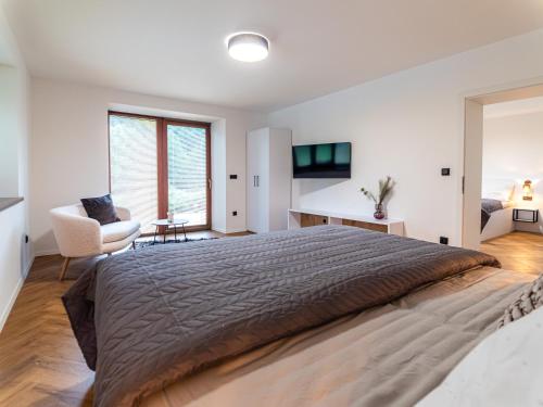 a bedroom with a large bed and a chair at Villa u zámku Sobotín in Sobotín