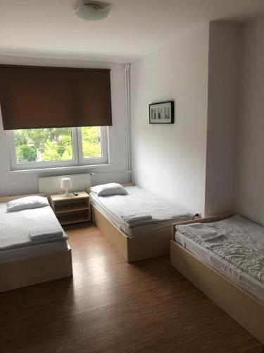 Un dormitorio con dos camas y una ventana. en HOSTEL 24, en Bydgoszcz