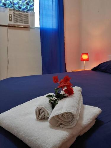 Una cama con toallas y una flor roja. en Cozy 1 br 1 bath apartment with free parking, en Penonomé