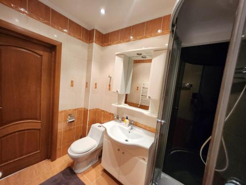 ein Bad mit einem WC, einem Waschbecken und einer Dusche in der Unterkunft Modern Vision 1-room Apartament in Hipermarket Nr-1 in Chişinău