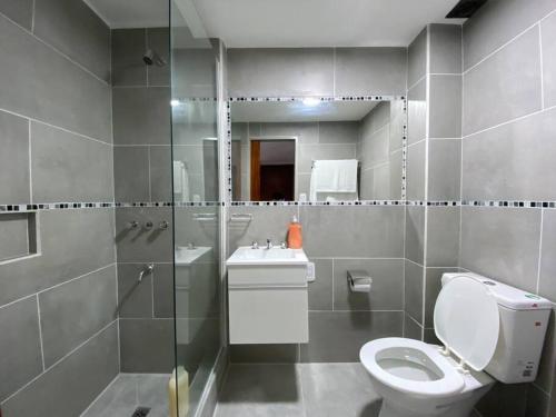 W łazience znajduje się toaleta, umywalka i lustro. w obiekcie Cares Apartament Castelar w mieście Castelar