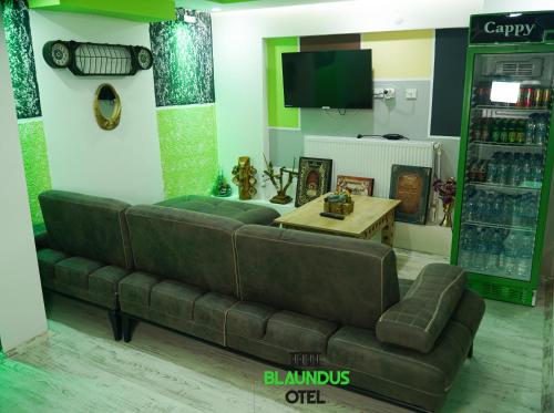 a living room with a couch and a tv at Blaundus Otel in Usak