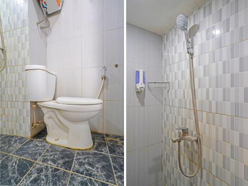 two pictures of a bathroom with a toilet and a shower at OYO Life 92649 Jarrdin Apartment By Glory in Bandung