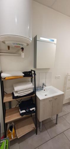 a kitchen with a sink and a shelf with towels at Studio Hadda in Lempdes