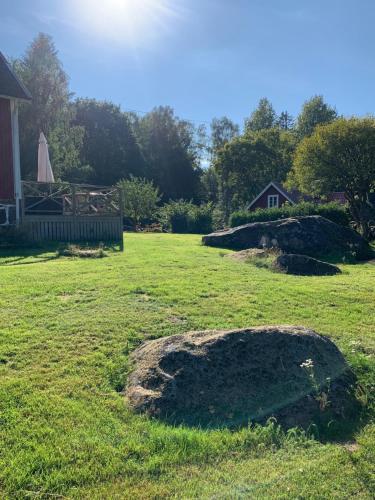 a large rock in a field next to a house at Haus Lasse in Immeln