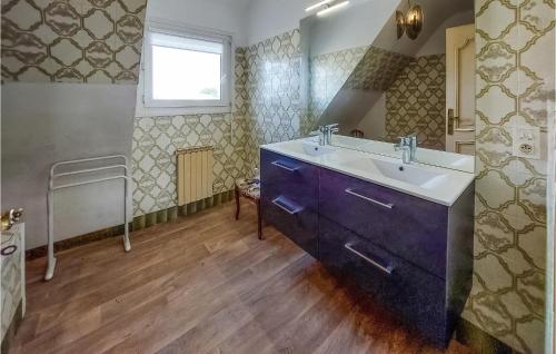 La salle de bains est pourvue d'un lavabo violet et d'une fenêtre. dans l'établissement Pet Friendly Home In Plogoff With Kitchen, à Plogoff