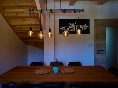 a dining room with a wooden table and lights at Holiday Home Muhu by Interhome in Smržovka
