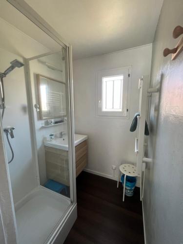 ein Bad mit einer Dusche und einem Waschbecken in der Unterkunft Villa Moana Soustons plage / Vieux-Boucau in Soustons