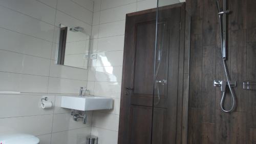 a bathroom with a shower and a sink and a shower at Smrekarjeva Domačija in Postojna