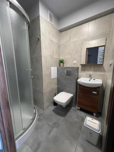 La salle de bains est pourvue d'une douche, de toilettes et d'un lavabo. dans l'établissement HOLIDAY HOME Slavia New 801 z widokiem na morze, à Międzyzdroje