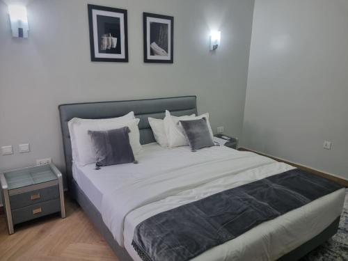 ein Schlafzimmer mit einem großen Bett mit weißer Bettwäsche und Kissen in der Unterkunft Solace Suites and Homes Maiduguri in Maiduguri