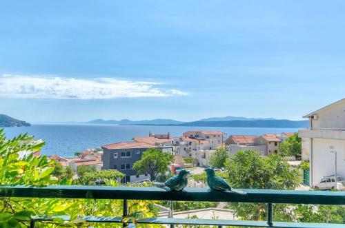 zwei Vögel sitzen auf einem Balkon mit Blick auf eine Stadt in der Unterkunft Apartments Peric in Igrane