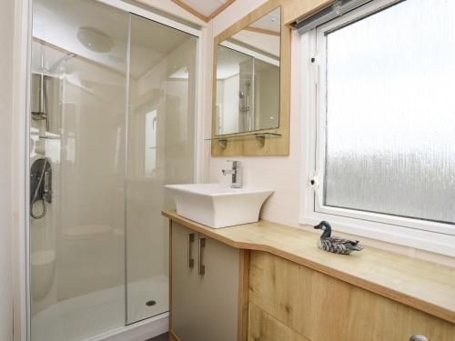 a bathroom with a sink and a shower at Cae'r Wylan in Pwllheli
