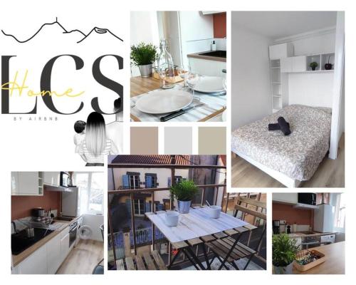 un collage de photos d'une cuisine et d'une table dans l'établissement LCS home Au coeur de la ville Balcon-Parking-WIFI, à Clermont-Ferrand