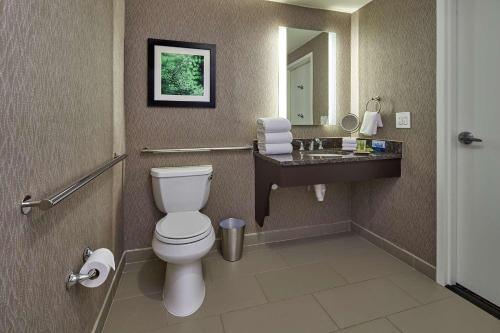 a bathroom with a toilet and a sink at Hilton Cincinnati Airport in Florence