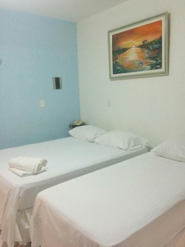 two beds in a room with a picture on the wall at Hotel Rio Preguiças in Barreirinhas