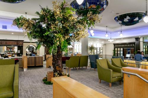 a tree in the middle of a restaurant with green chairs at Cedar Court Bradford Hotel in Bradford