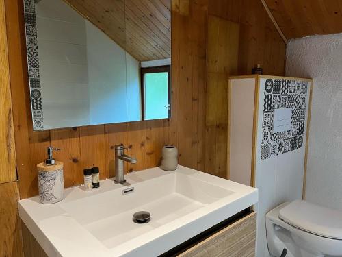 ein Badezimmer mit einem Waschbecken, einem WC und einem Spiegel in der Unterkunft Le poulailler 