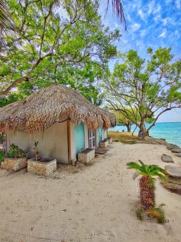 a small hut with a straw roof on a beach at Hotel Rosario de Mar by Tequendama in Isla Grande