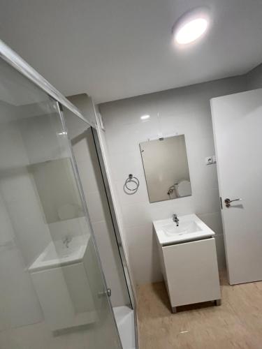 uma casa de banho com um chuveiro, um lavatório e um espelho. em Mars Suites Alondra em Madri