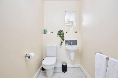 La salle de bains blanche est pourvue de toilettes et d'un lavabo. dans l'établissement Exquisite City Centre house - Parking & Garden, à Sheffield