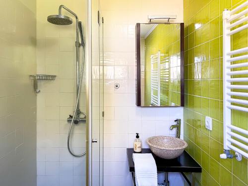 a bathroom with a sink and a shower at Quinta do Cutato - Soba Guest House in Santo Estêvão