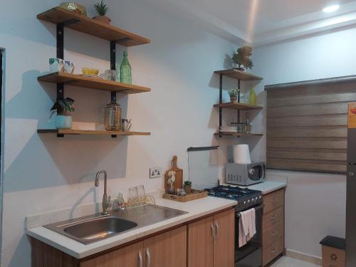 uma cozinha com um lavatório e um fogão em LAKESIDe VILLA em Acra