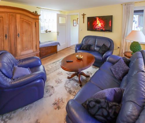 sala de estar con sofás de cuero azul y mesa en Ferienwohnung mit ländlichem Charme, en Rodgau