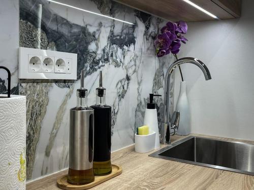 a kitchen sink with two bottles on a counter at Studio with a view on City center park in Maribor