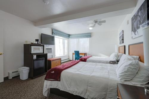 a bedroom with a large bed and a television at Puffin Inn in Anchorage