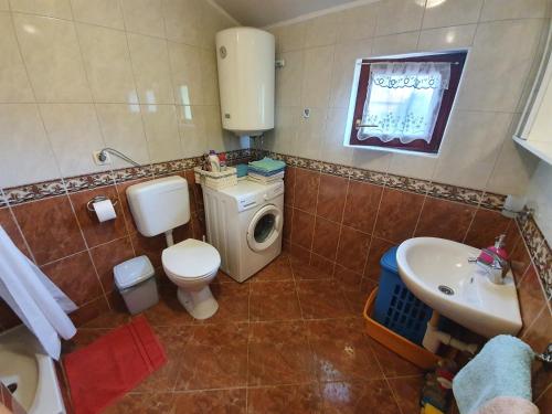 een badkamer met een toilet, een wastafel en een wasmachine bij Anja in Umag