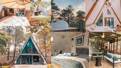 a collage of photos of a triangle house at Tiny Pines A-Frame Cabin, Domes and Luxury Glamping Site 