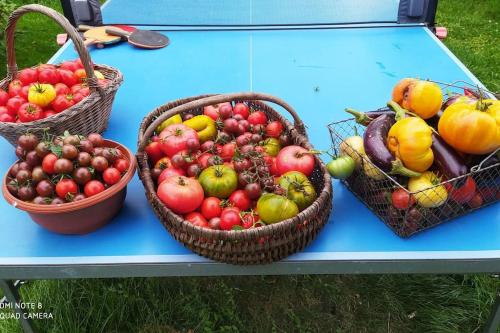 three baskets of fruit on a blue table at La FERME DU TILLEUL Chambres d hôtes tout conforts - familiale - entre amis - pro in Conchy-les-Pots