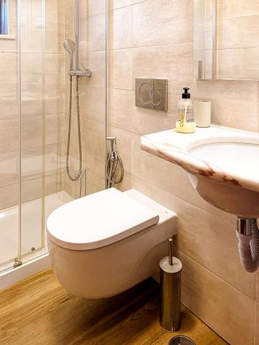 a bathroom with a shower and a toilet and a sink at Quinta do Cutato - Beatriz Guest House - A2 in Santo Estêvão