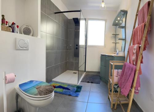 łazienka z prysznicem, toaletą i umywalką w obiekcie Appart Piscine Privée 80M2 7mn vélodrome et Métro w Marsylii