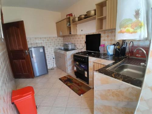 a kitchen with a sink and a stove top oven at Shukrey palace 2 in Nakuru