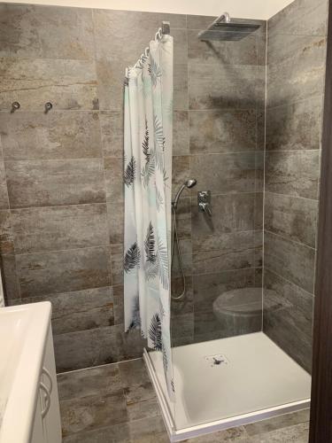 y baño con ducha y cortina de ducha. en Infinity Apartman, en Esztergom