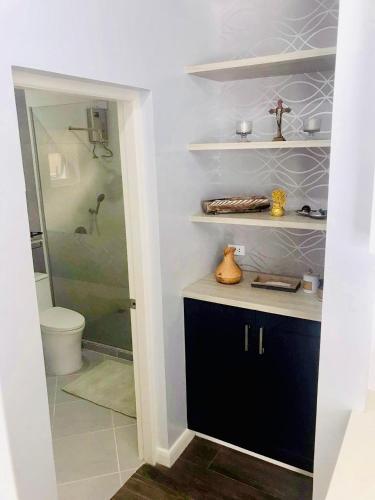a bathroom with a sink and a toilet in a room at Pastora House Luxe Staycation Bauan Batangas in Bauan