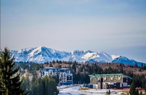 a city with snow capped mountains in the background at Forest View Silver M B34 Poiana Brasov in Poiana Brasov