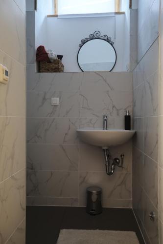 a bathroom with a sink and a mirror at Podroom Apartments in Ljubljana