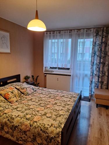 a bedroom with a large bed and a window at MONICA in Jelenia Góra