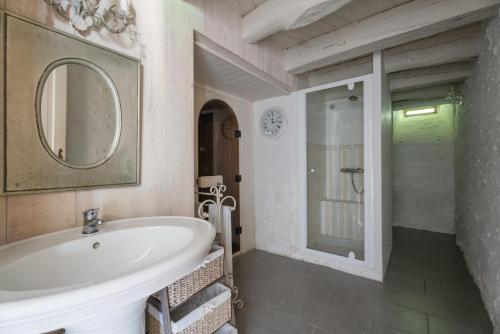 a bathroom with a white sink and a shower at Château Forge du Roy in Mauzens-et-Miremont