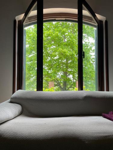 okno w pokoju z łóżkiem przed nim w obiekcie Romantic Etna house Etna Mare w mieście Pedara