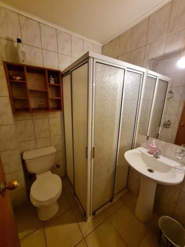 a bathroom with a toilet and a sink at Habitación con baño privado A in Villarrica