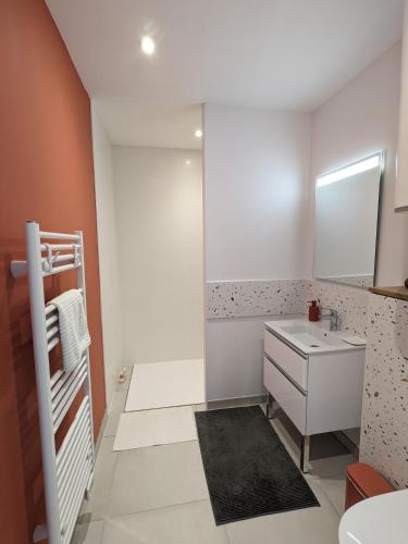 une salle de bain blanche avec un lavabo et un miroir dans l'établissement L'atelier: charmante annexe indépendante, à Mâcon