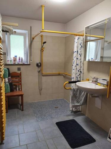 a bathroom with a shower and a sink at Ferienwohnung in Hornstein in Bingen