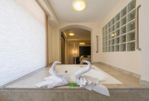two white birds sitting on a tub in a bathroom at Hotel Las Trojes in Aguascalientes