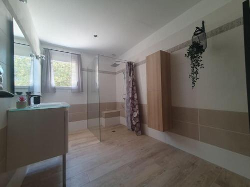 une salle de bain avec douche et lavabo dans l'établissement Charmante maison avec piscine, à La Baume-de-Transit
