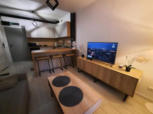 uma sala de estar com um sofá e uma mesa com uma televisão em Aparthouse Zegrze em Serock